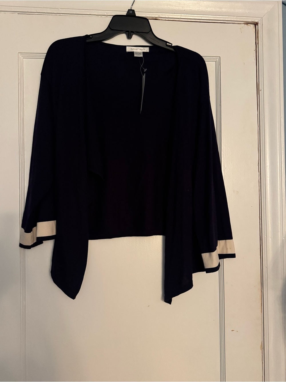 NWT August Silk Navy Open-Front Cardigan with Cream Trim